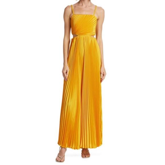 NWT Alice + Olivia Powell Yellow Pleated Wide Leg‎ Side Cut Out Jumpsuit 6 FLAW